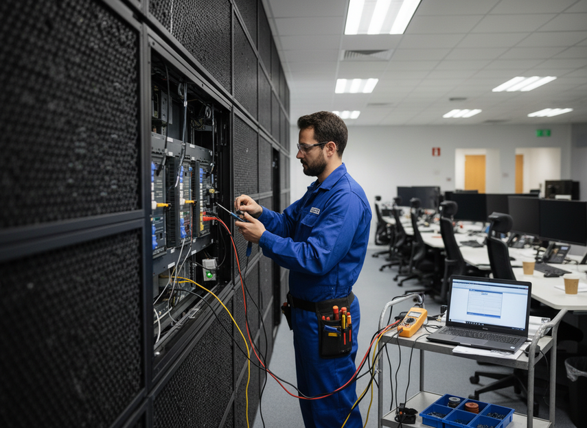 Technician inspecting a large indoor LED video wall from the front in a control room, with tools and service access visible