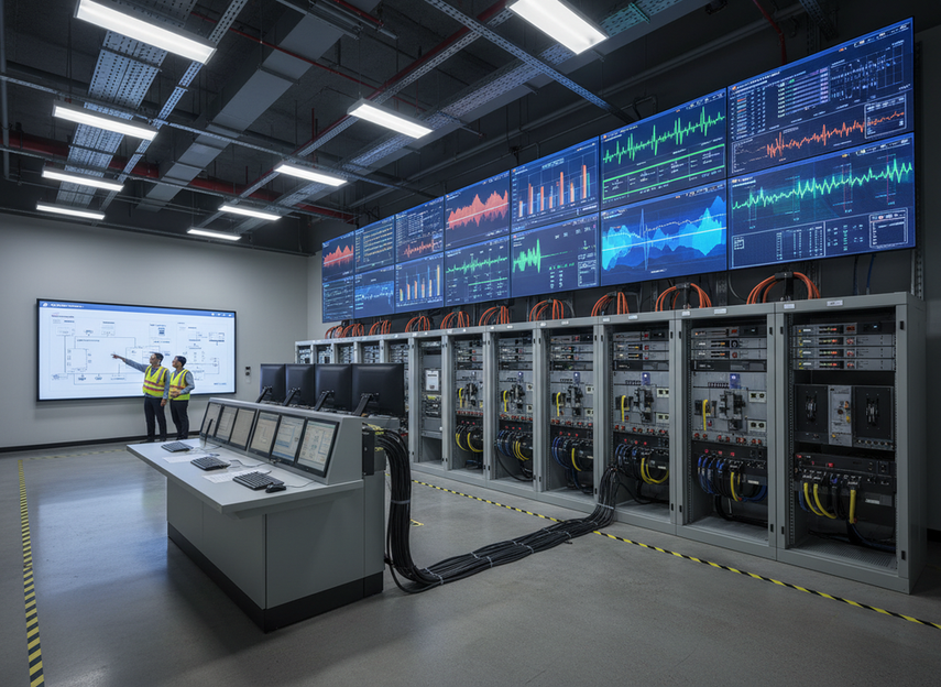 Power meter and facility control equipment beside a bright LED wall in a server or operations room, illustrating operating cost and downtime planning