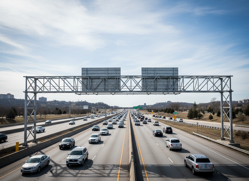 Overhead highway variable message sign on a gantry above a multilane freeway, showing a broad view of traffic conditions in daylight