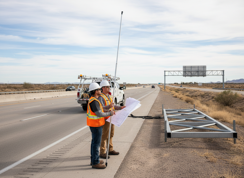 Road crew reviewing a highway VMS installation plan beside a freeway shoulder with measuring equipment and a lift truck in the background