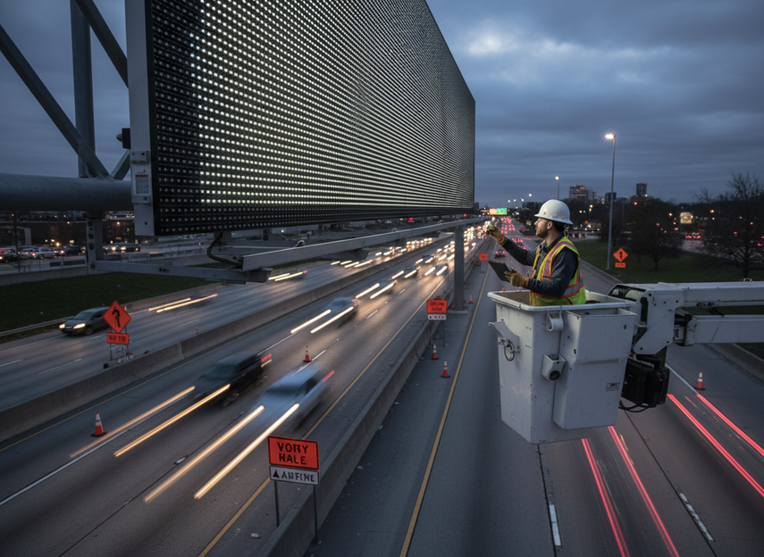 Maintenance technician checking a highway variable message sign from an elevated work platform at dusk to confirm readability and dimming performance