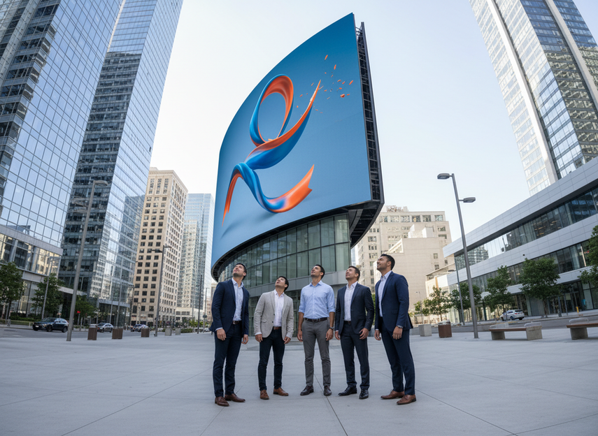 3D digital billboard campaign planning in a bright urban setting with a large outdoor display and people viewing from the street