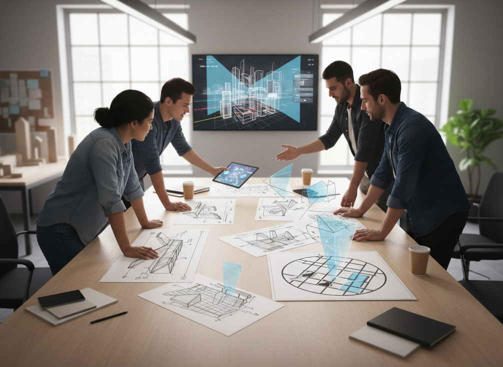 Team reviewing a 3D DOOH creative brief with screen mockups, perspective sketches, and a street-view planning map on a table