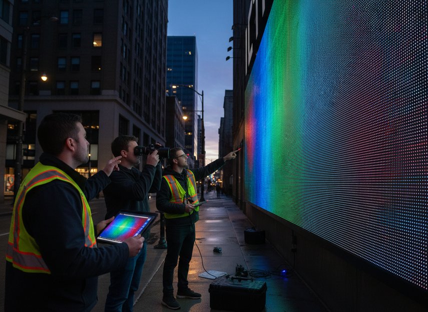 Large outdoor LED billboard testing scene with technicians checking playback and perspective from the street at dusk