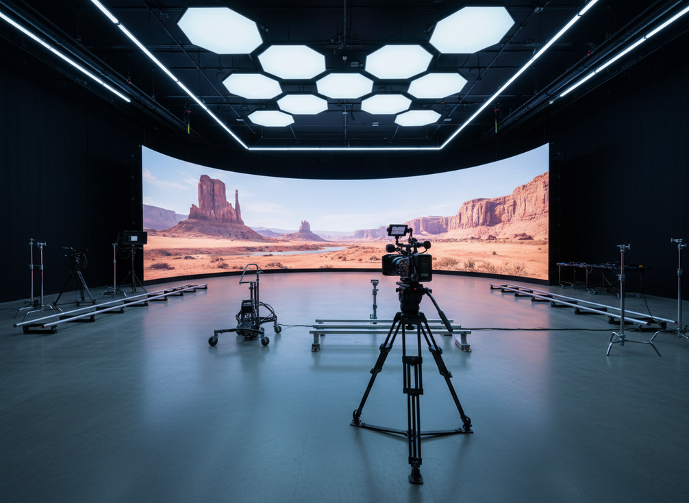 XR LED volume setup in a studio with a camera facing a large LED wall during virtual production testing