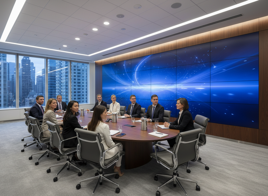 Modern corporate boardroom with a large seamless video wall behind a conference table during a leadership meeting
