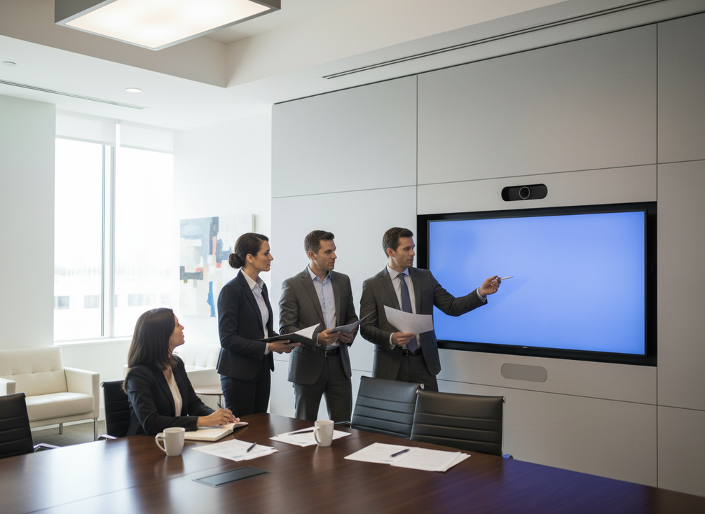 Boardroom display mounted on a wall during a close collaborative review with executives gathered nearby