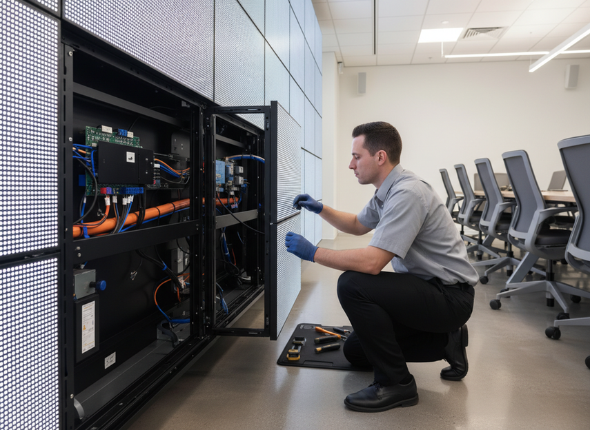 Front-service LED wall panel being checked in a sleek meeting room for maintenance access