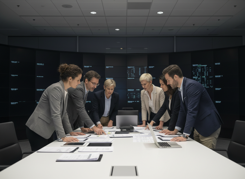 Mission-critical LED display supplier evaluation scene with a procurement team reviewing vendor documents and comparing options in a control-room planning setting