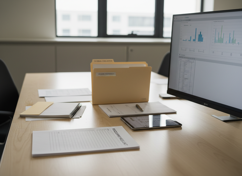 Procurement checklist and vendor evaluation materials laid out beside a large mission-critical LED display for comparison and due diligence