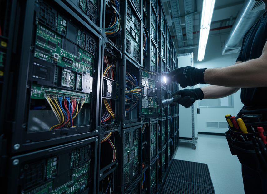 Detailed view of a mission-critical LED display installation with a technician checking service access, maintenance readiness, and support considerations