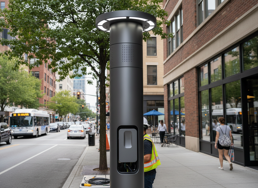 Smart pole LED system on a city street with integrated communications and monitoring equipment during maintenance
