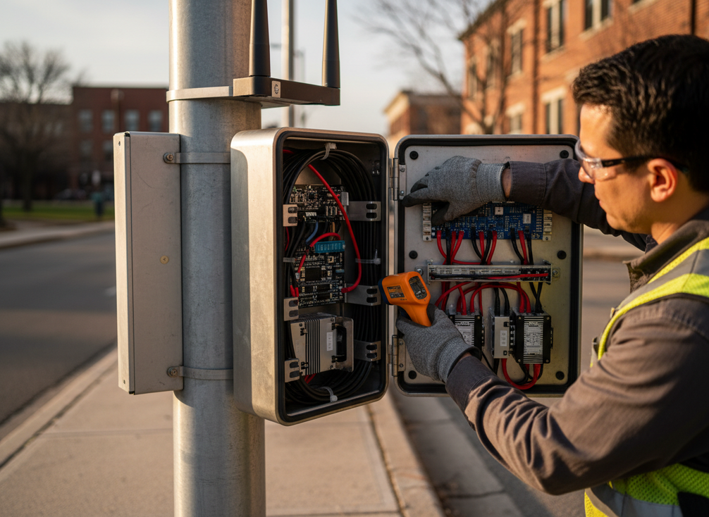 Technician inspecting a smart pole enclosure and connected hardware at ground level