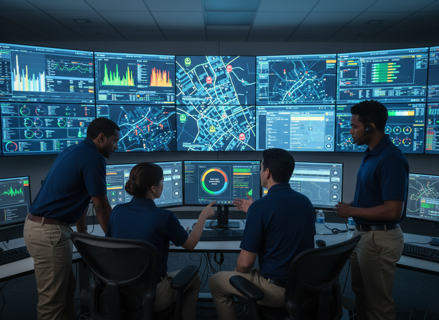 Remote monitoring workstation showing a municipal team reviewing smart pole alerts and service status