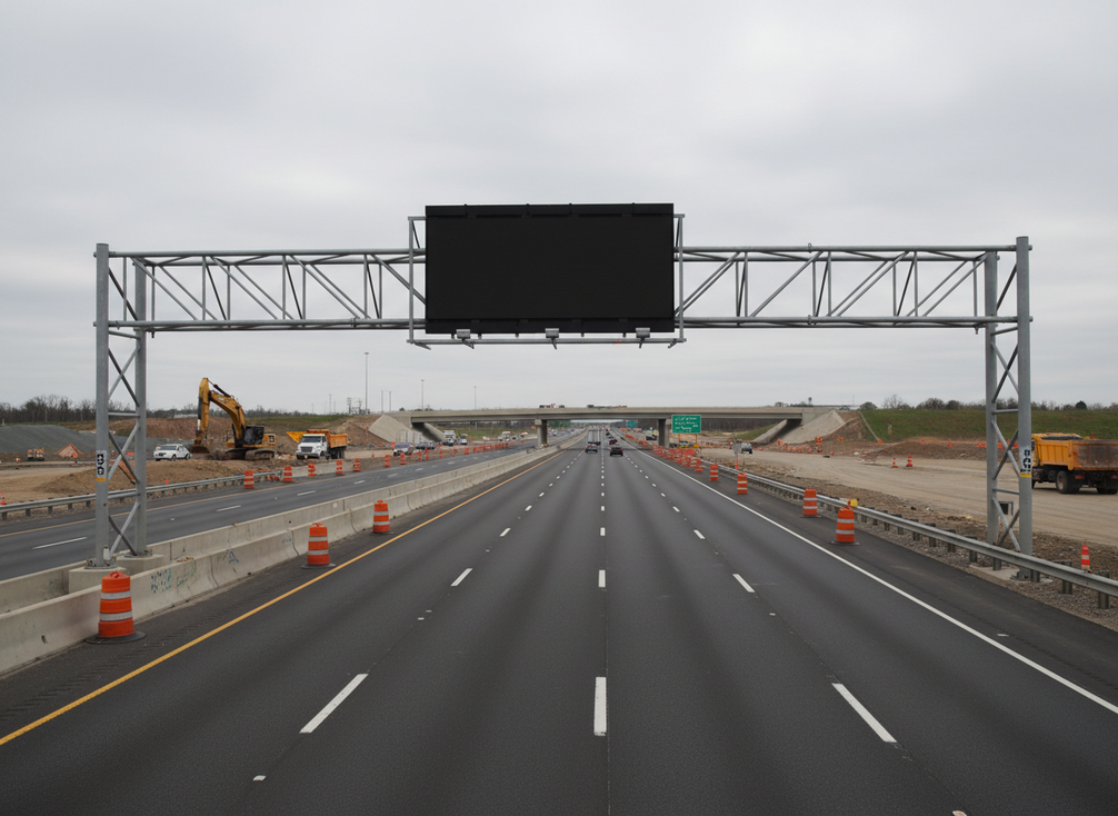 Overhead electronic highway message sign on a work zone structure above multiple travel lanes