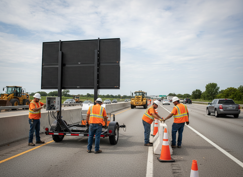Temporary variable message sign on a roadside trailer beside an active highway shoulder during setup