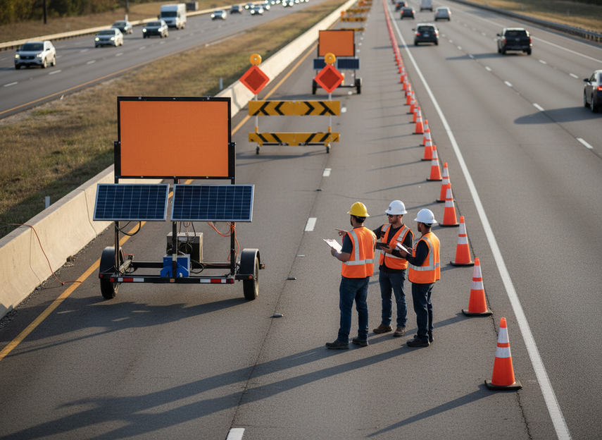 Road crew reviewing a portable message sign from a safe distance near lane closure equipment