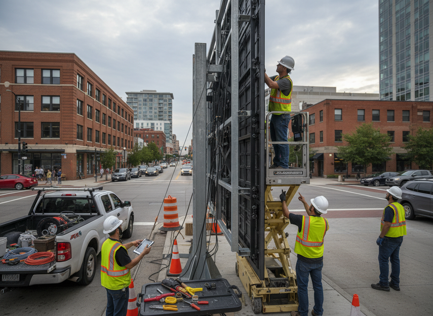 Outdoor LED billboard installation with technicians checking placement and viewing angle