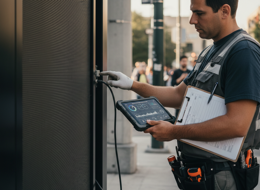 Close view of an outdoor LED screen with a tablet, clipboard, and hands reviewing performance and proof of play