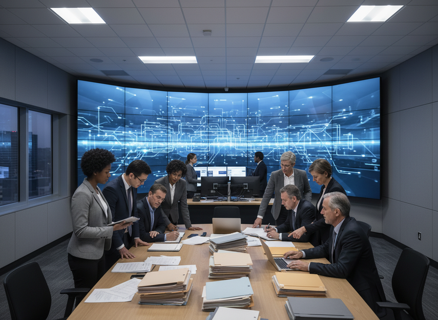 Government procurement team reviewing compliance documents beside a large LED video wall in a control room