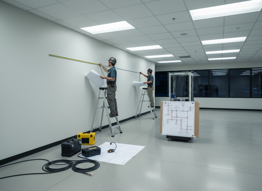 Technicians checking the installation area for a command center LED wall before award and deployment