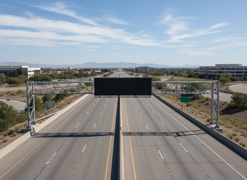 Overhead highway variable message sign on a gantry above open freeway lanes, shown as a broad procurement hero image