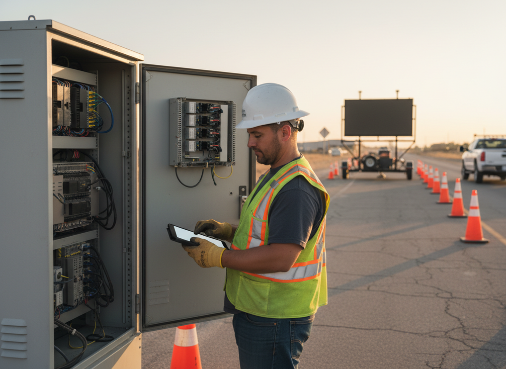 Technician reviewing a highway message sign control setup beside a roadside cabinet, illustrating communications and interoperability checks