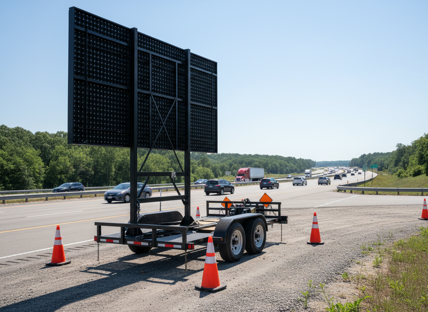 Close view of a portable highway message sign mounted on a trailer at the roadside, showing how placement and legibility are evaluated