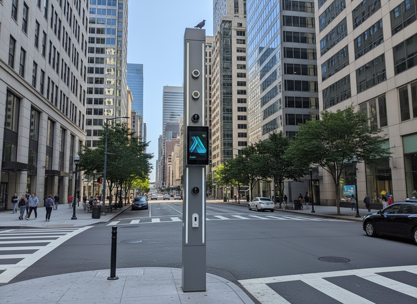 Smart city street pole with integrated lighting, sensors, and a digital display in a downtown streetscape