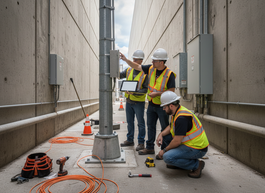 City technician reviewing a smart pole installation checklist beside a street pole during field setup