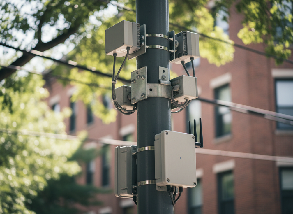 Close-up view of smart pole hardware showing attached sensor and communications equipment on a municipal street pole