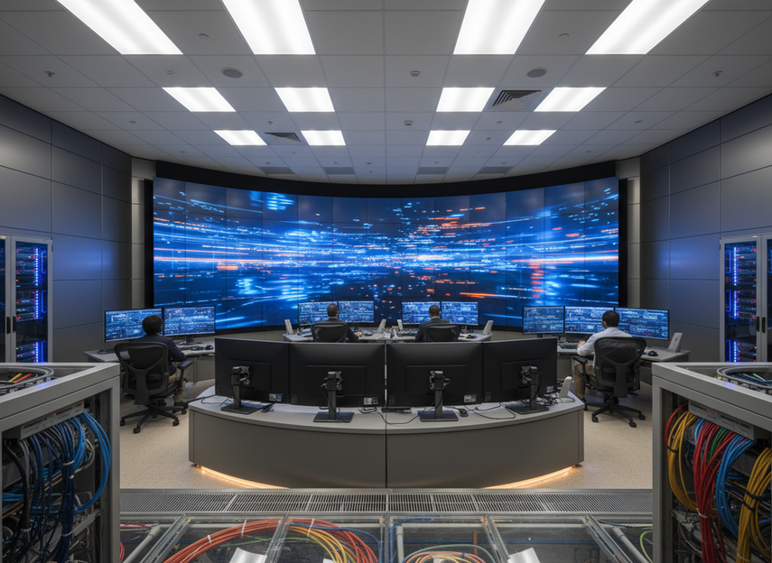 LED wall installed in a modern control room with operators reviewing a large display, showing a mission-critical setup focused on energy use and room heat management