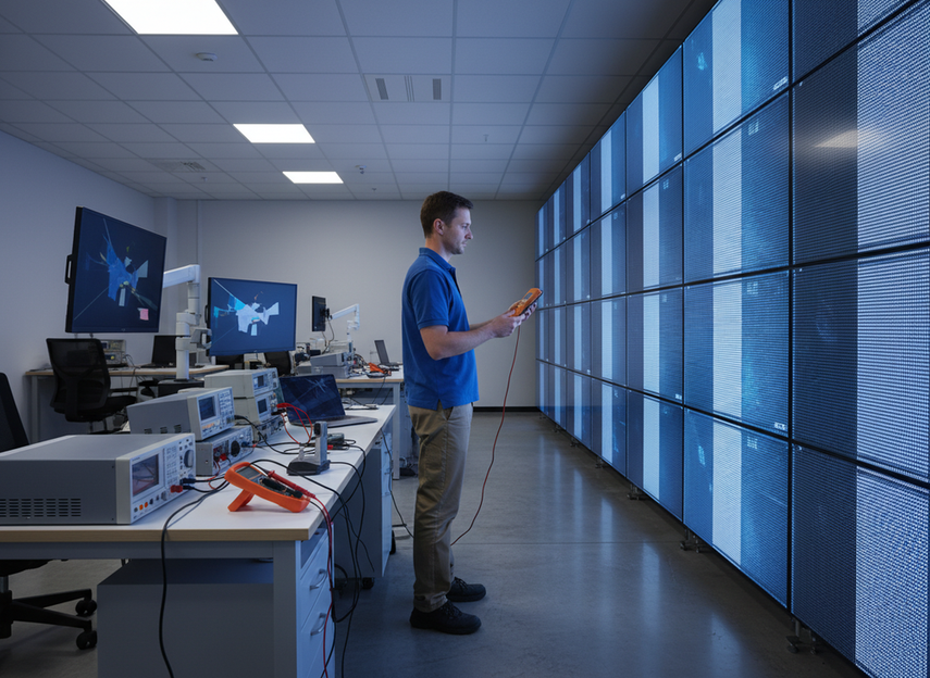 Technician measuring power use and checking brightness settings on a large LED wall in a control room during setup