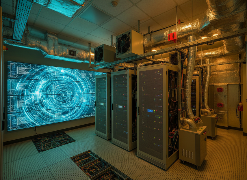 Large LED wall in a compact equipment room with visible airflow and cooling equipment, illustrating added HVAC load from continuous operation