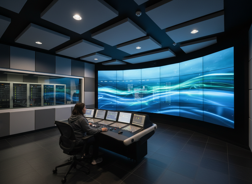 Quiet LED wall in a studio control room with an operator at a console, viewed from behind and slightly above