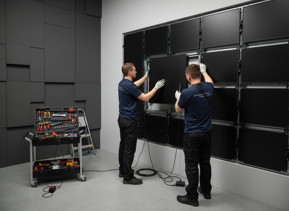 Fanless LED wall panel being installed in a quiet studio wall opening by two technicians