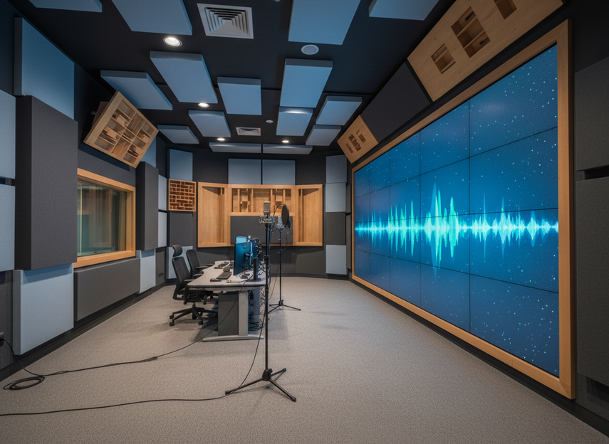 Control room with a quiet LED wall, sound-sensitive microphones, and treated surfaces arranged for low noise operation