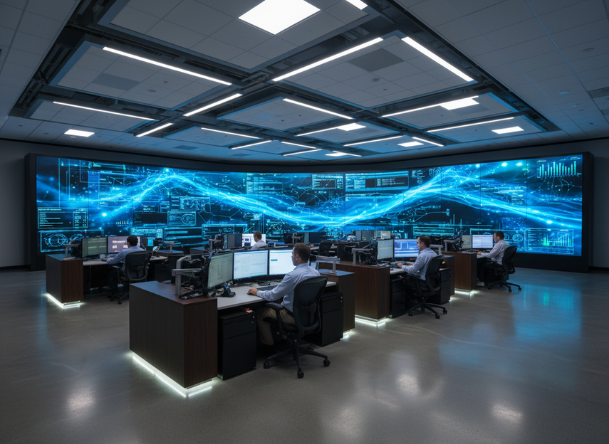 Mission-critical control room with a large LED wall active behind operators