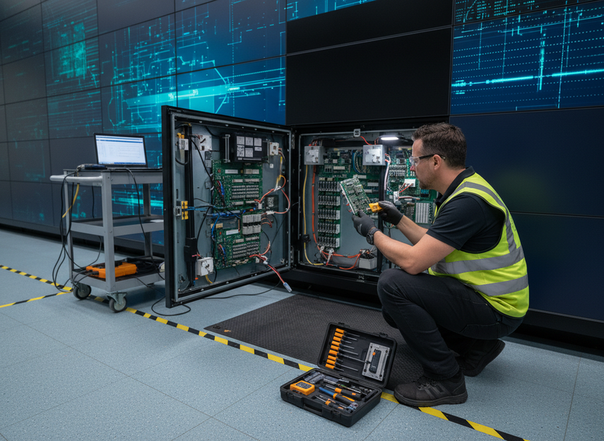 Technician inspecting a control room LED wall panel behind an open service area during maintenance
