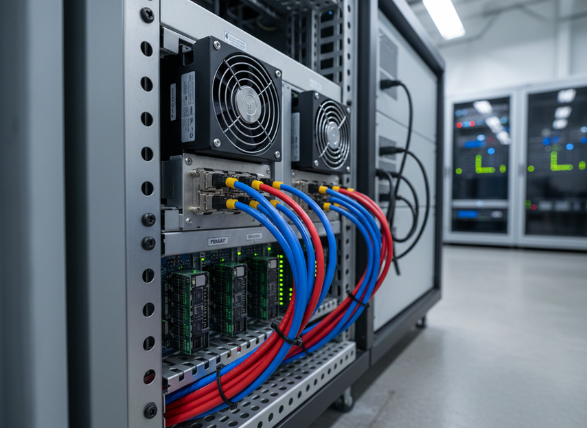 Close view of redundant power and signal components connected to a control room LED wall