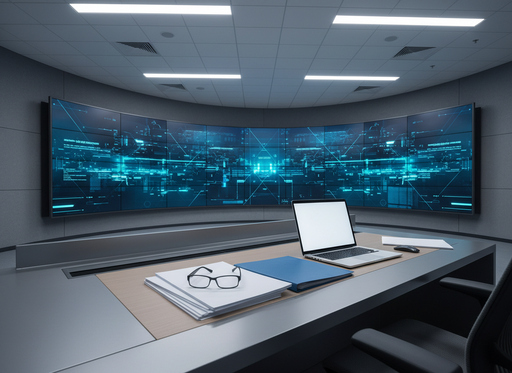Government procurement workspace with LED video wall documentation, contract forms, and a display installation in the background