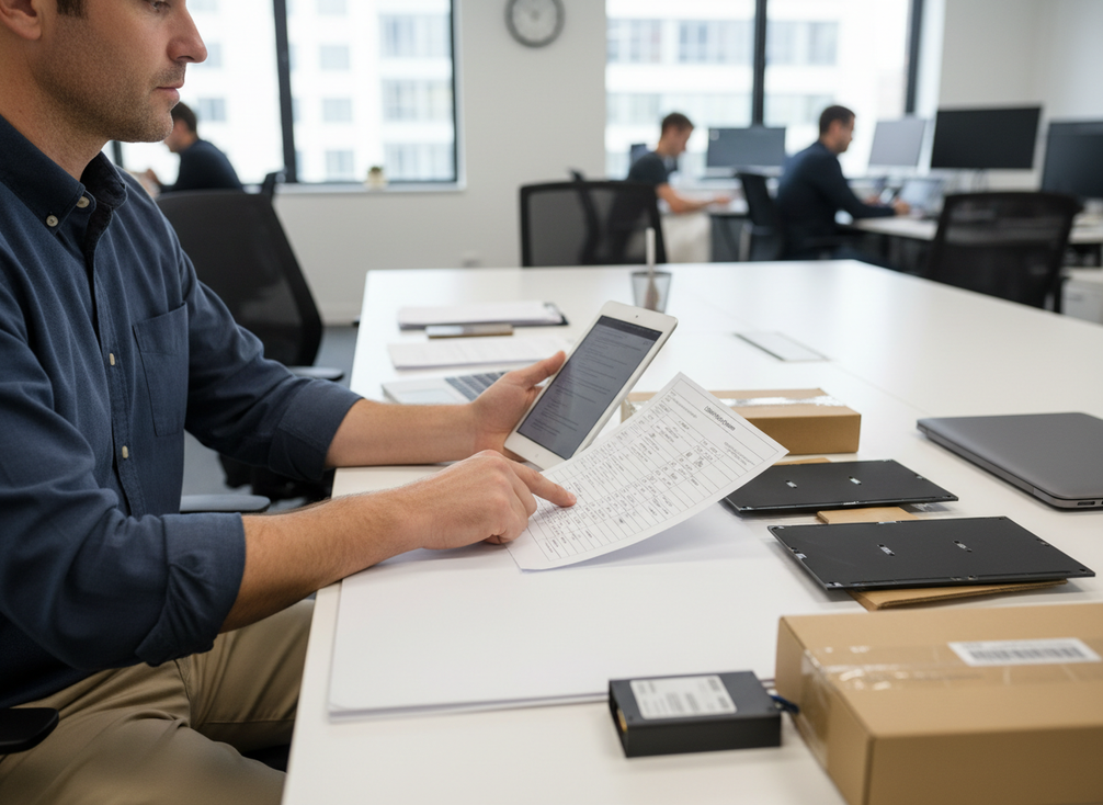 Person reviewing an LED wall procurement checklist beside a conference table with sample display components and paperwork