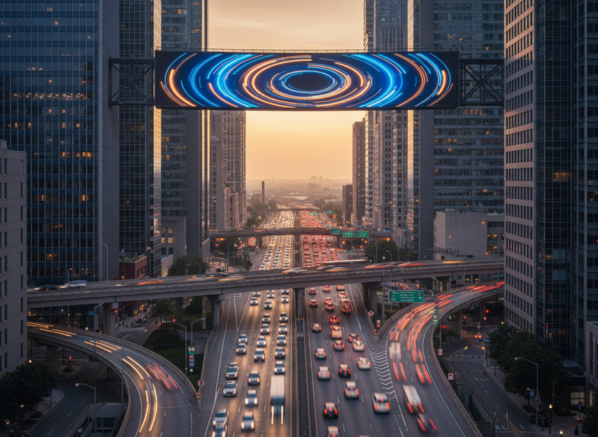 Transit corridor LED advertising screen above a busy roadway at dusk, wide city view