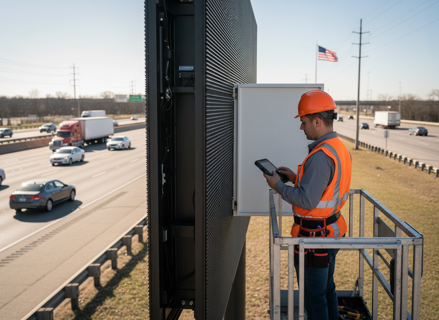 Technician inspecting an outdoor LED display enclosure on a roadside transit corridor