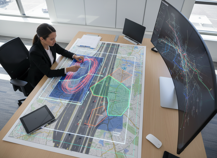Planner reviewing mapped traffic flow and exposure zones for a corridor LED screen deployment