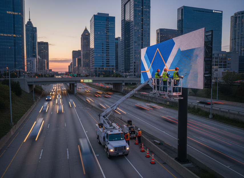 Outdoor digital billboard maintenance scene with technicians planning access and uptime support at a roadside LED display