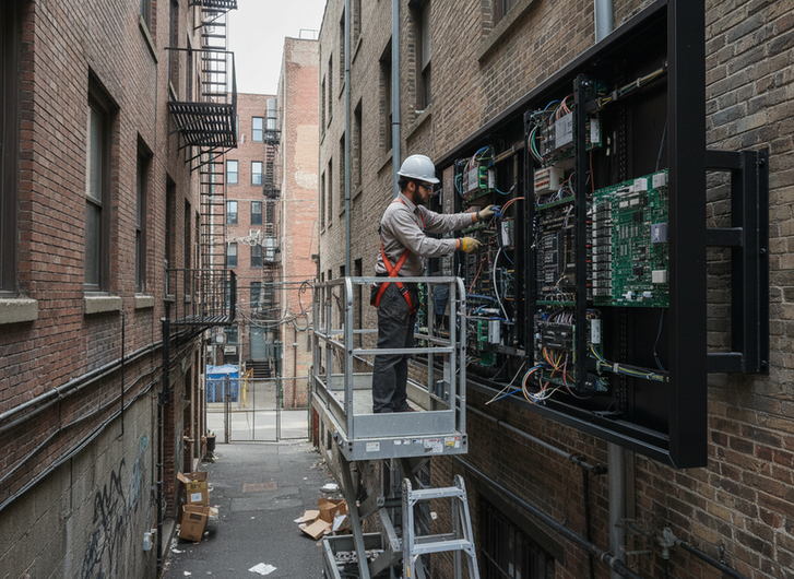 Front-service LED billboard maintenance from the viewing side with a technician opening the display for repair