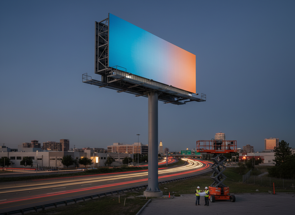 Outdoor LED billboard on a roadside structure with front service access, shown as a broad editorial view of elevated DOOH installation planning