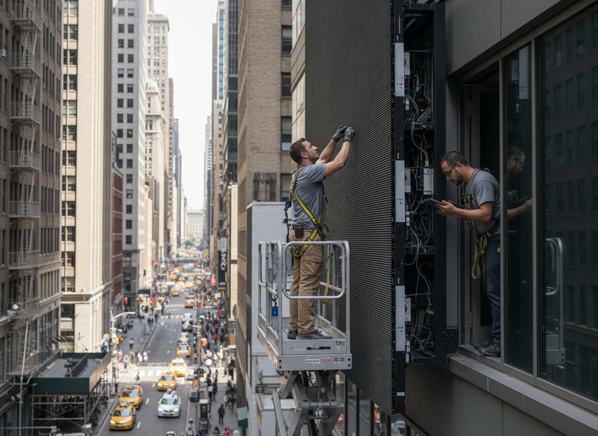 Front-service outdoor LED display being serviced from the viewing side on a high-rise facade, with a technician opening the front access area