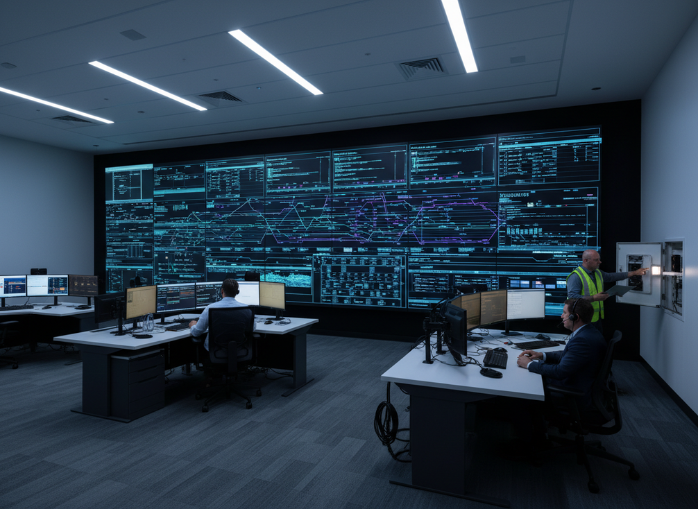 A modern control room video wall with a technician and a broad mission-critical display setup